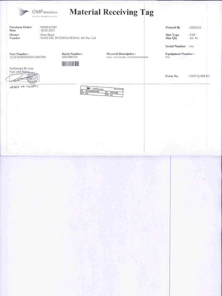 Gmfaeroasia Material Receiving Tag: Cf-Oei Mo M6' ' I | PDF | Business ...