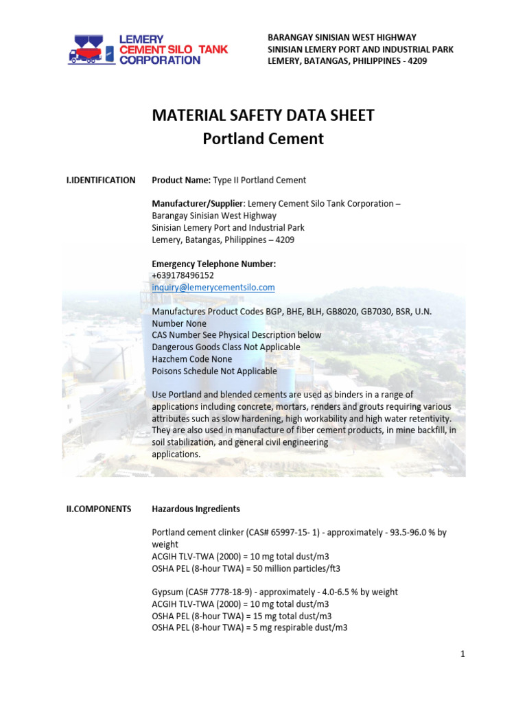MSDS - Lemery Cement Silo Tank Corporation - UNO TII | PDF | Cement ...