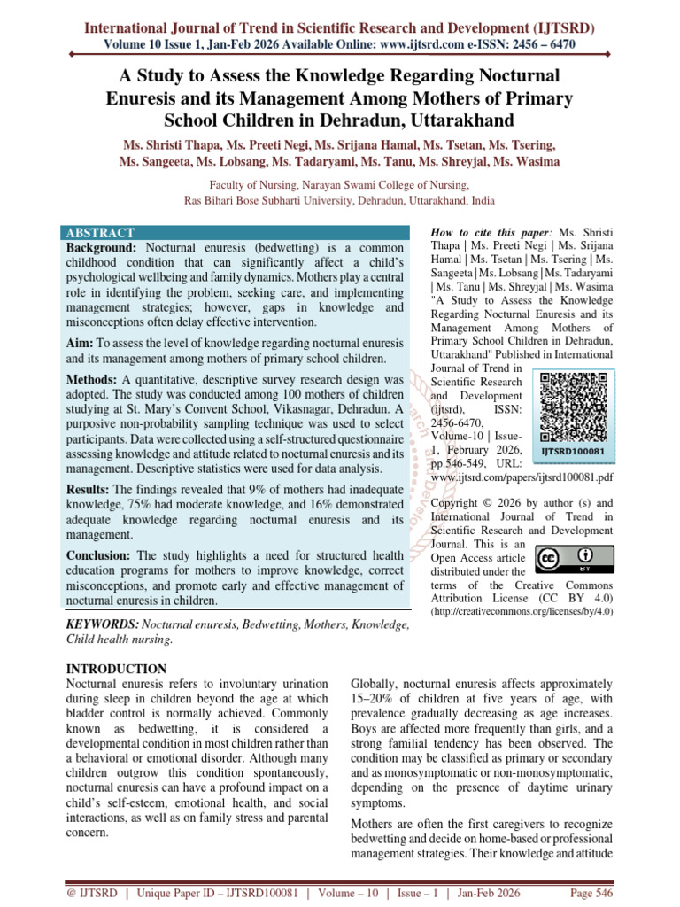 A Study To Assess The Knowledge Regarding Nocturnal Enuresis and Its ...