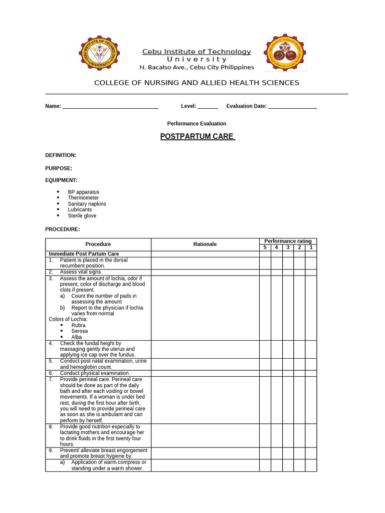 Postpartum Care Checklist 1 | PDF | Postpartum Period | Clinical Medicine