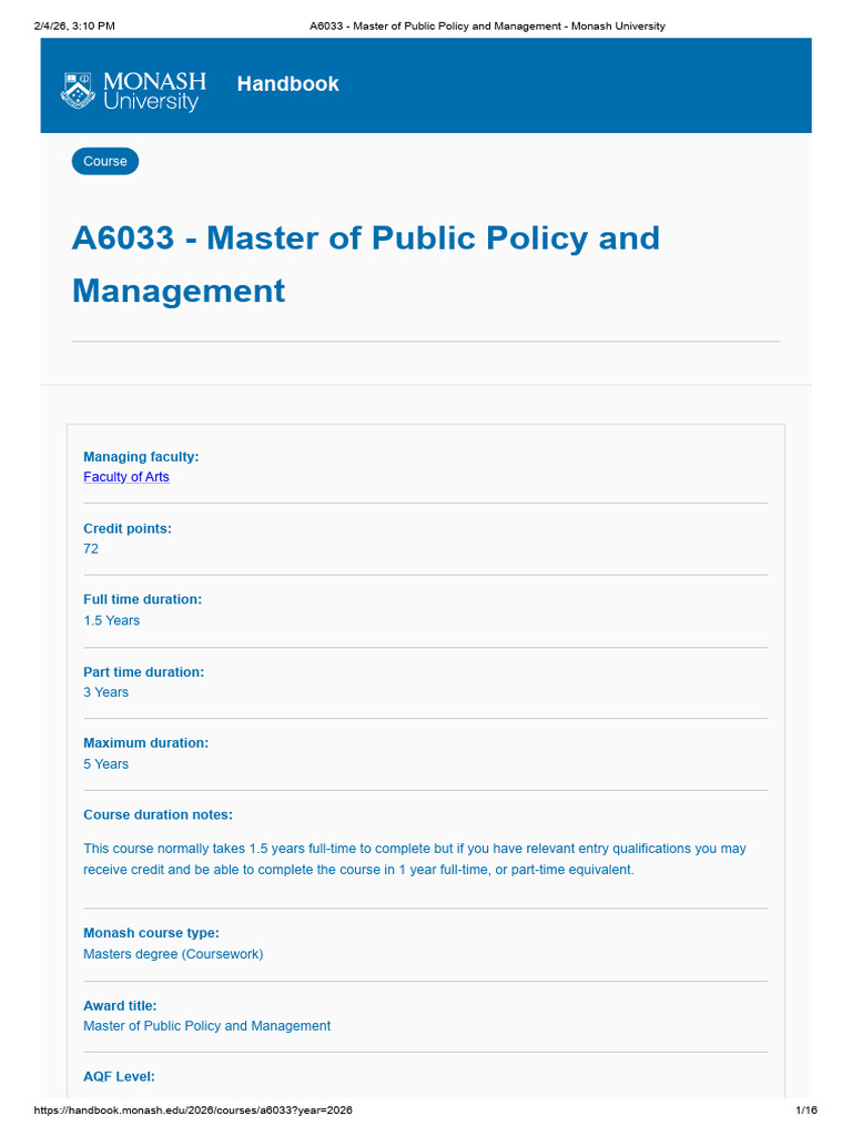 A6033 - Master of Public Policy and Management - Monash University ...