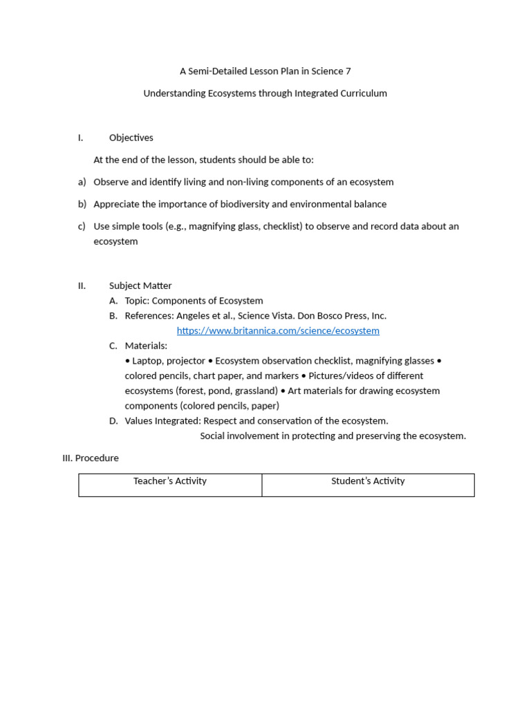A Semi-Detailed Lesson Plan in Science 7 | PDF | Ecosystem | Aquatic ...