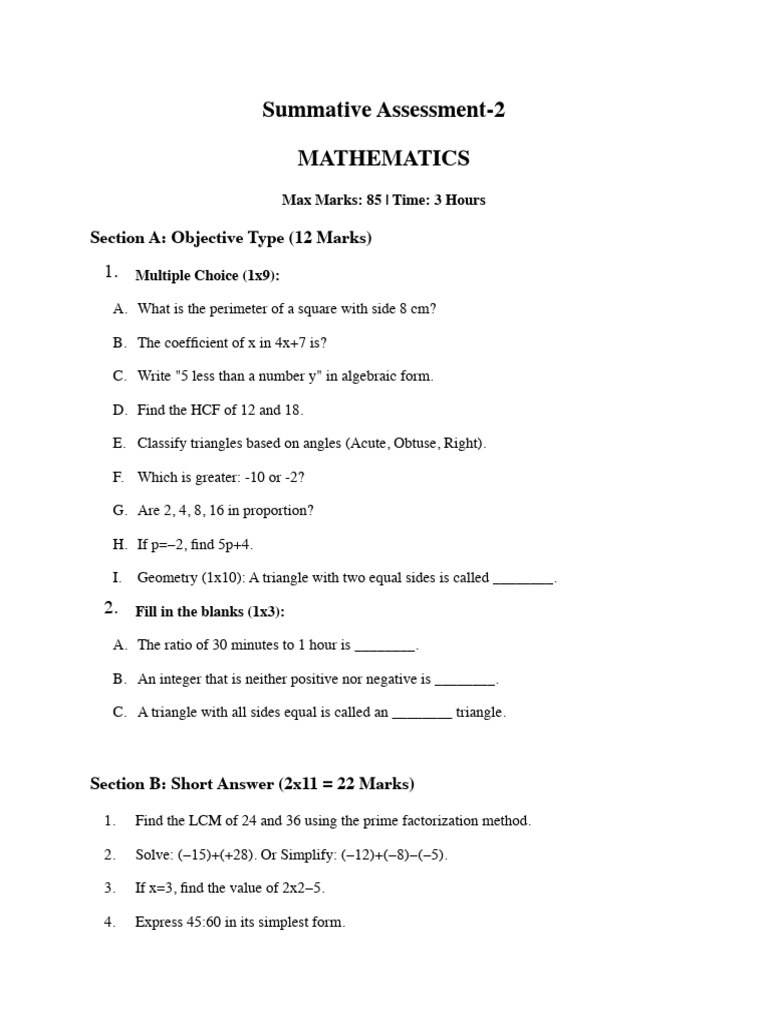 Summative Assessment-2 MATHS ANSWERS Grade 6 | PDF | Area | Triangle
