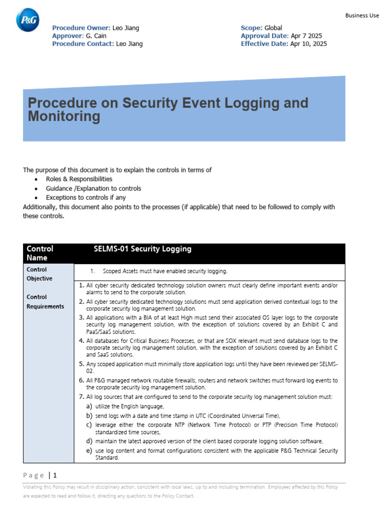 Security Event Logging and Monitoring Procedure | PDF | Information ...