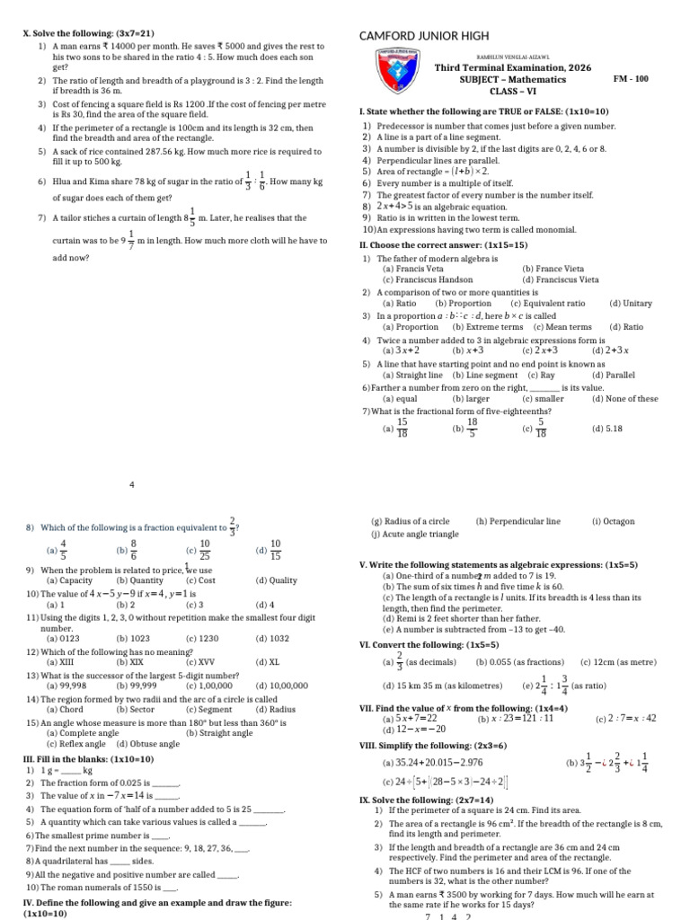 Final Exam VI To VIII Maths | PDF | Ratio | Angle