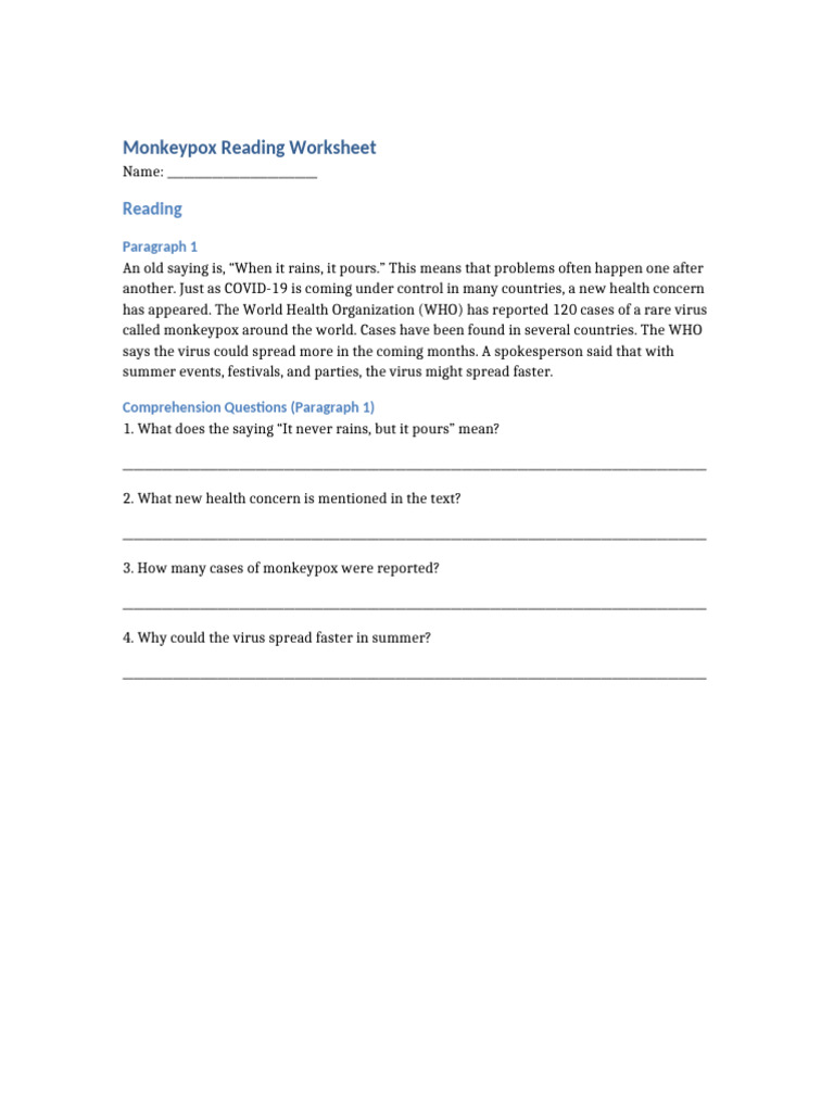 Monkeypox Reading Worksheet | PDF | Smallpox | Viral Diseases