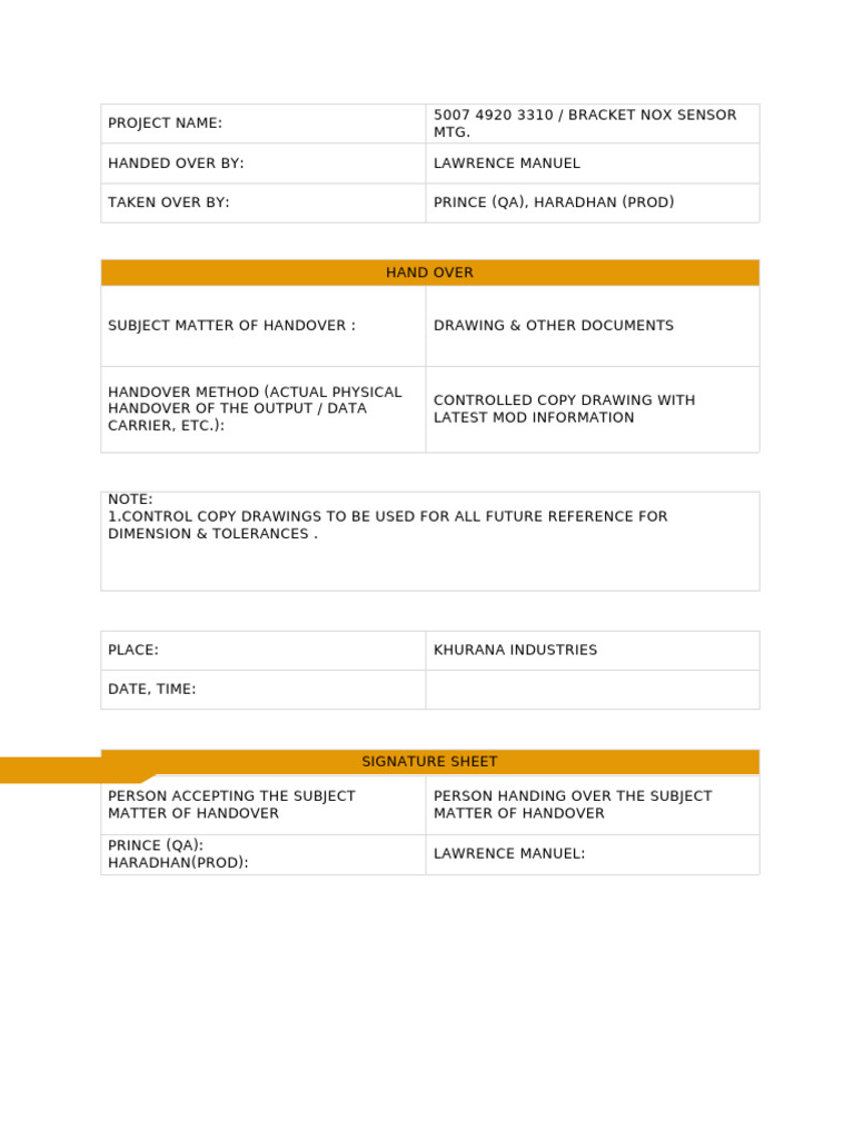 Handover Report Drawing | PDF