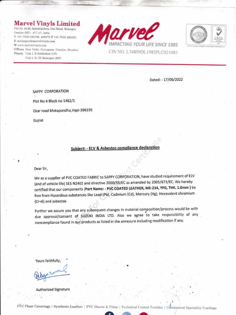 Elv & Asbestos Declaration | PDF | Pollution | Occupational Safety And ...