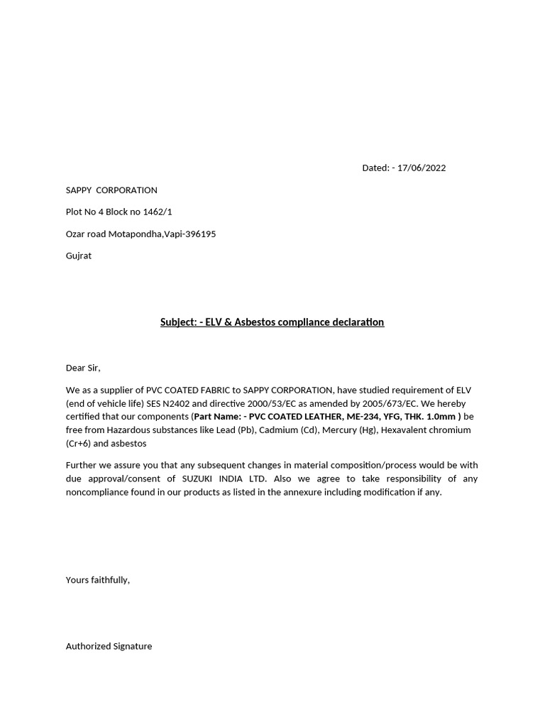 ELV & Asbestos Declaration | PDF