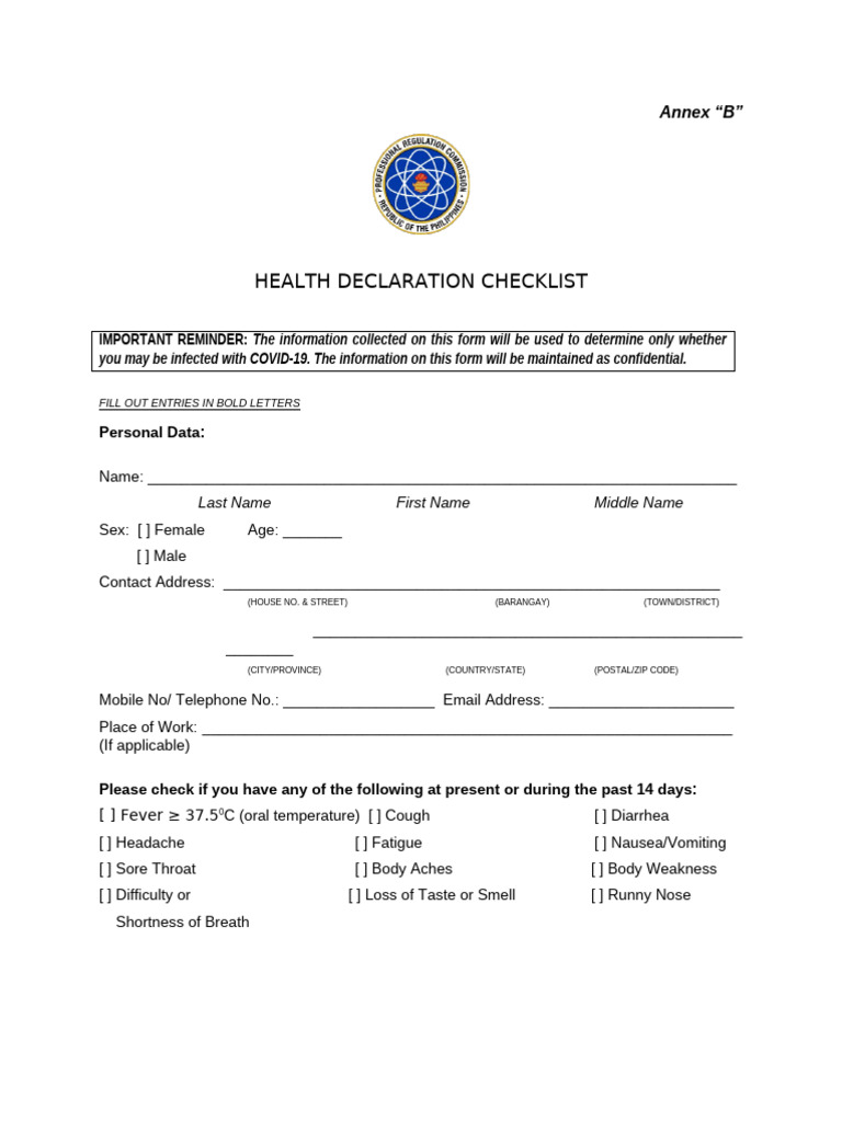 2020-68 Annex B - Health Declaration Form110320 | PDF | Diseases And ...