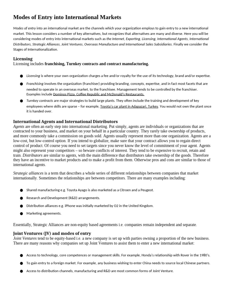 Unit 1 Modes of Entry Into International Markets | PDF | Franchising ...