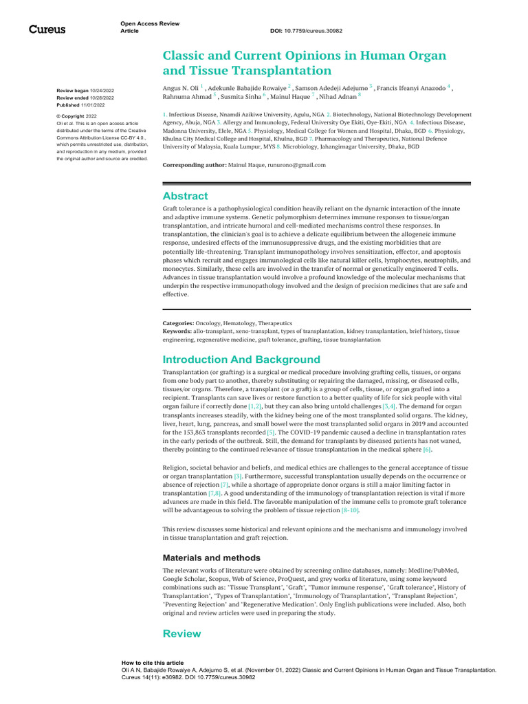 Organ Transplantation | PDF | Transplant Rejection | T Cell