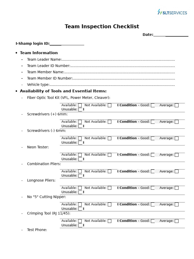 Team Inspection Check List | PDF | Cutting Tools | Equipment