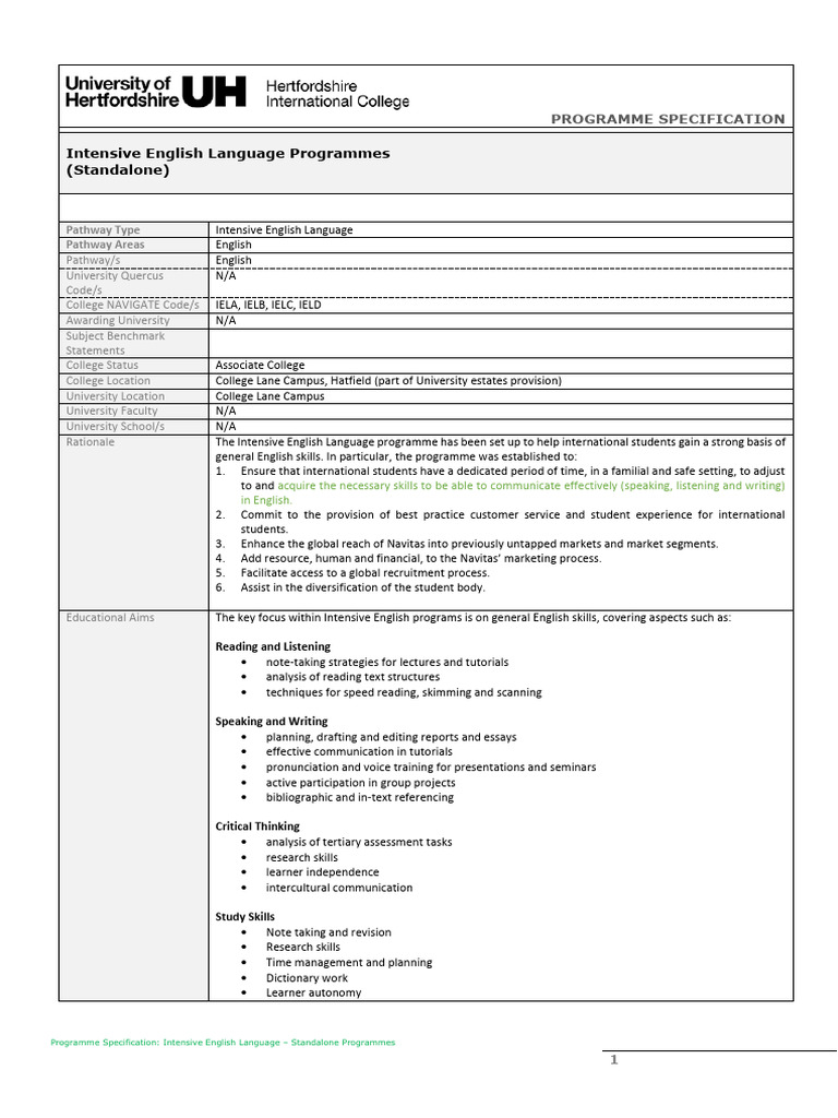 Intensive English Language Programme Specification | PDF | Verb | Adjective