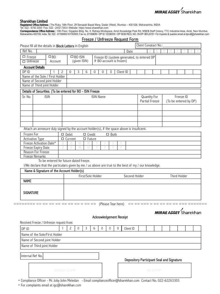 CDSL Freeze - Unfreeze Request Form | PDF
