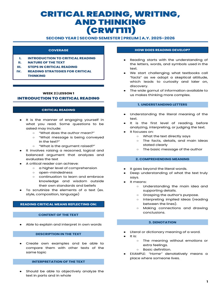 Critical Reading, Writing and Thinking (CRWT111) - PRELIM | PDF ...