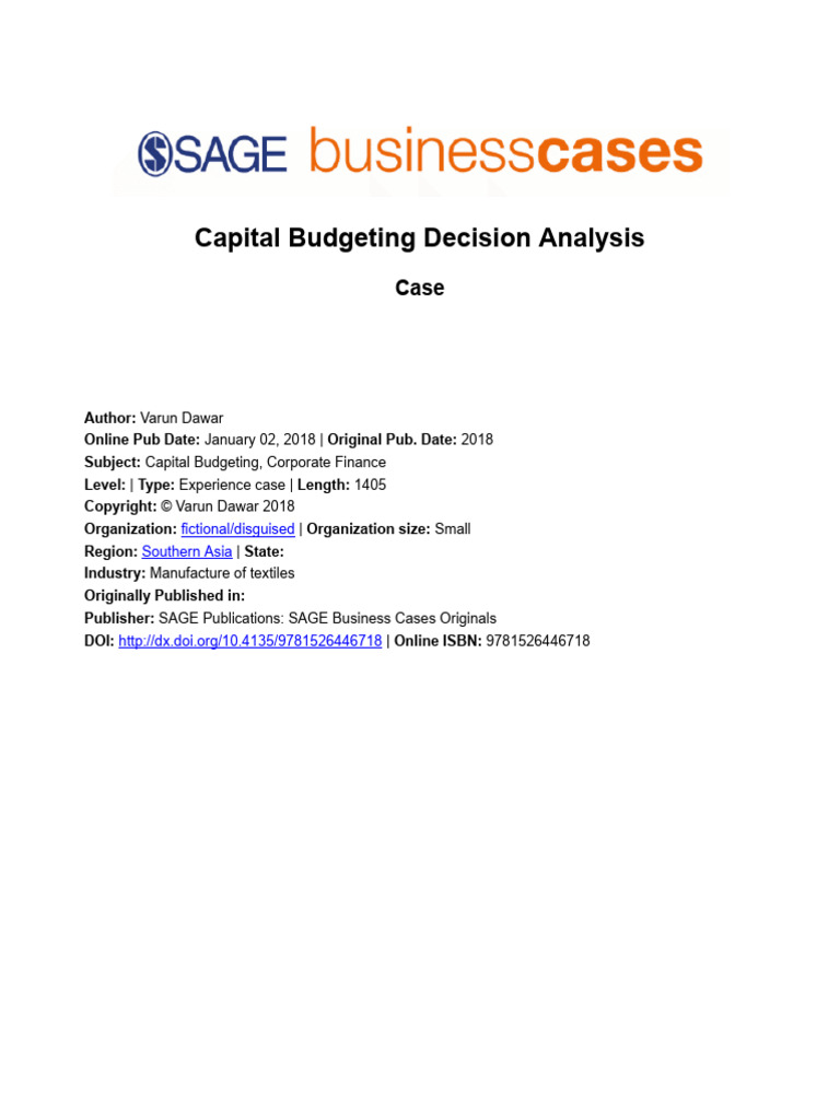 Capital Budgeting Decision Analysis Case | PDF | Capital Budgeting ...