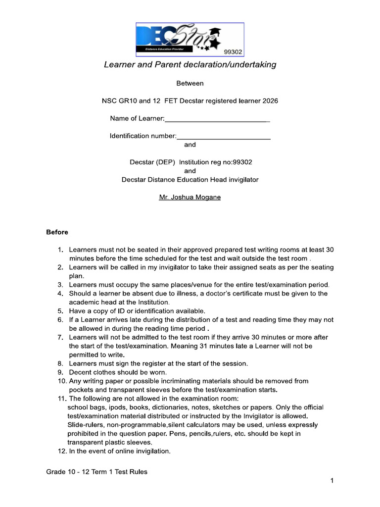 Learner and Parent Declaration Test Term 1 Rules 2026 | PDF