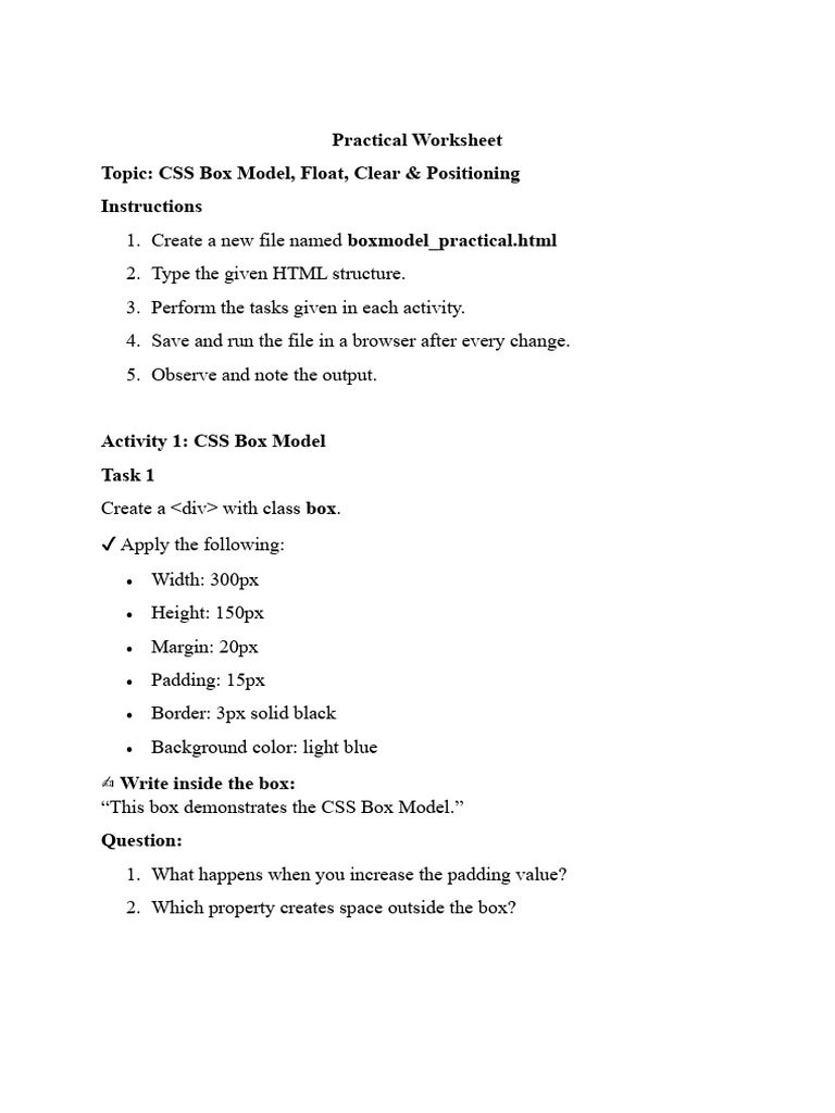 Practical Worksheet - Box Model | PDF | Web Development