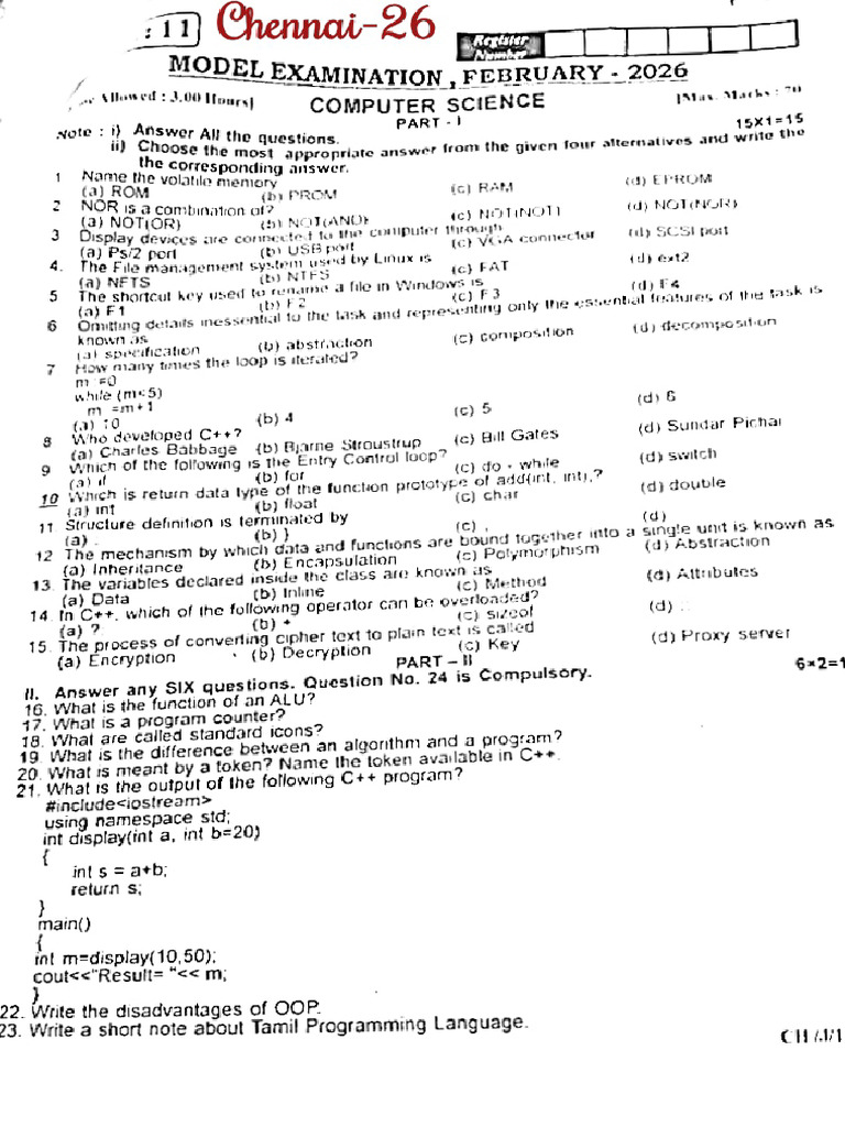 STD Xi - Cs - Model Exam - Chennai-2026 | PDF | C++ | Software Engineering