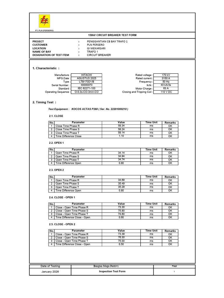 150 KV CB Test Report Bay Trafo 1 | PDF | Transformer | Voltage
