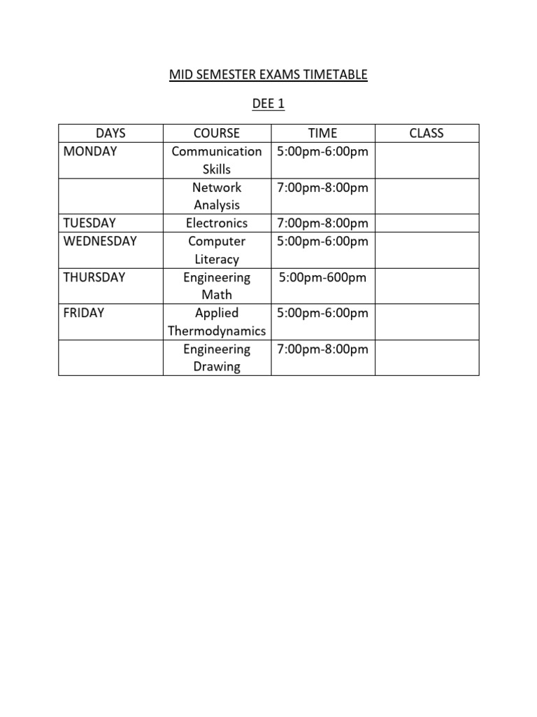 Mid Semester Exams Timetable | PDF
