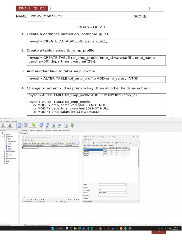 Pacis - Finals Quiz 1 - SQL (Answer Sheet) | PDF | Databases | Sql