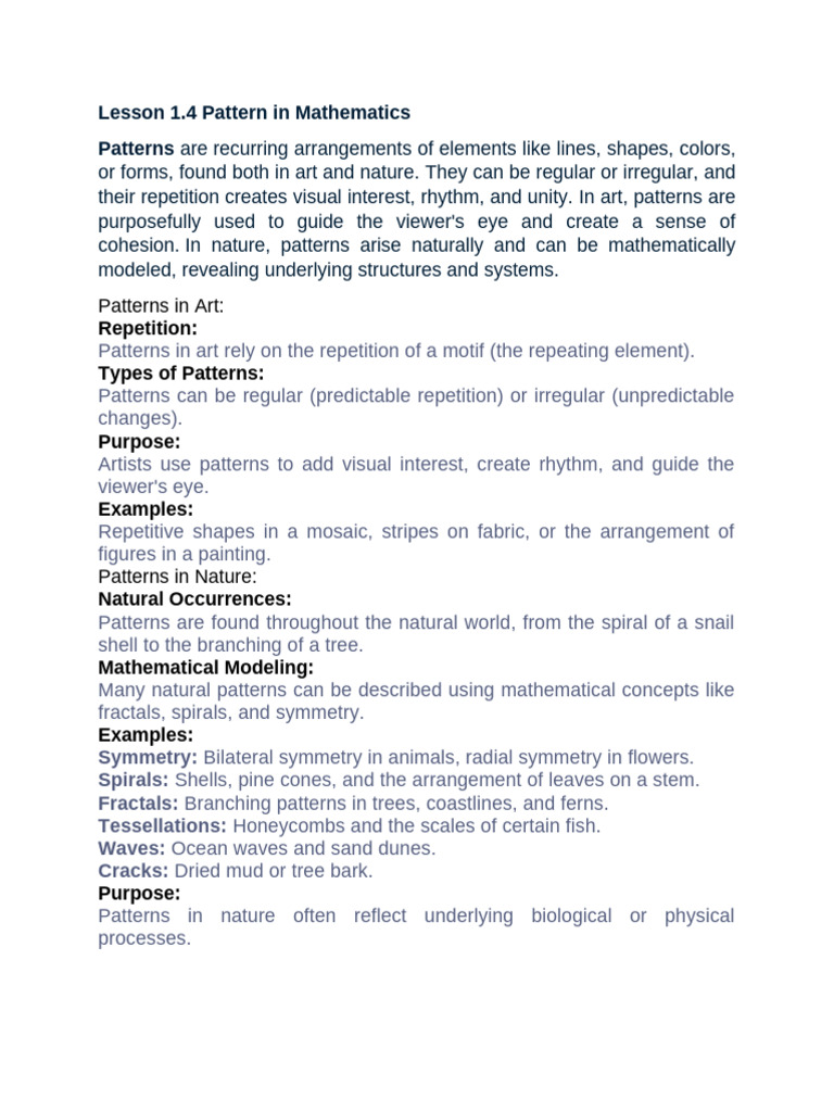 Lesson 1.4 Paterrns in Mathematics | PDF | Pattern | Mathematics