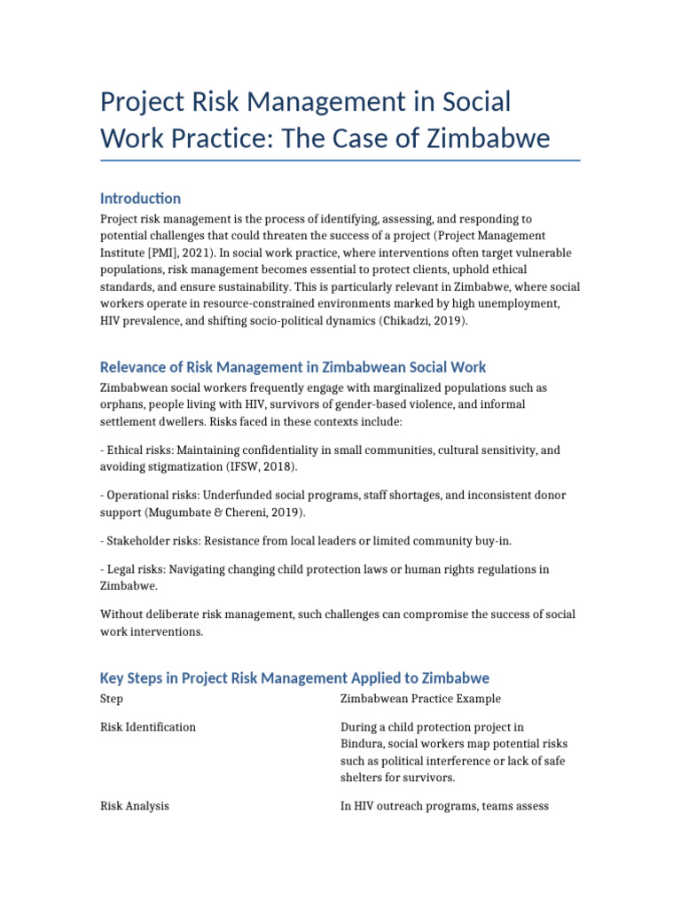 Project Risk Management Social Work Zimbabwe | PDF | Social Work | Risk ...
