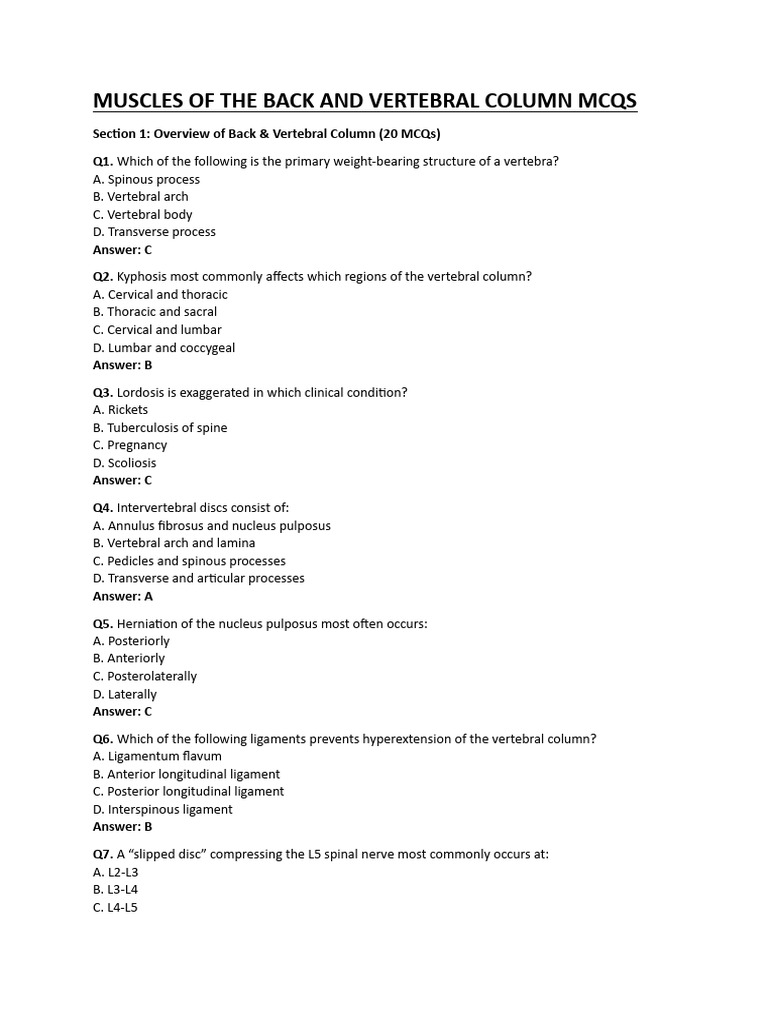 Muscles of The Back and Vertebral Column MCQS 1 | PDF | Vertebra ...
