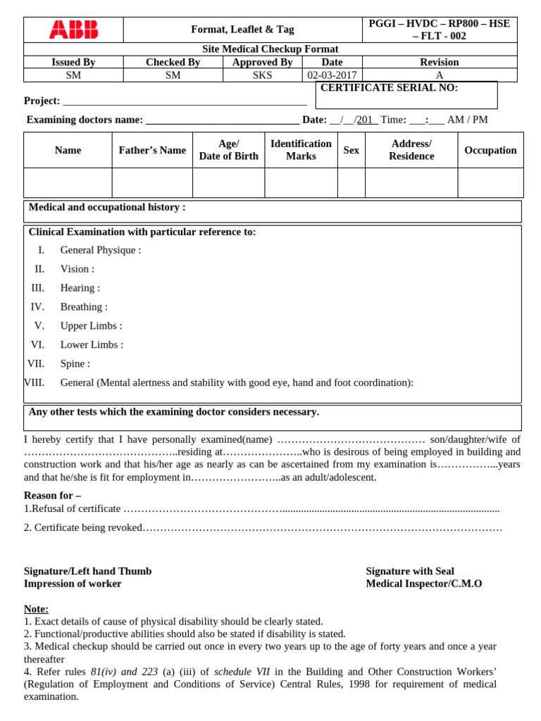 Pre Employment Medical Checkup Format | PDF | Physical Examination ...
