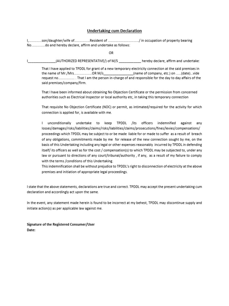 Undertaking Temporary Connection 2022 | PDF | Indemnity | Public Law
