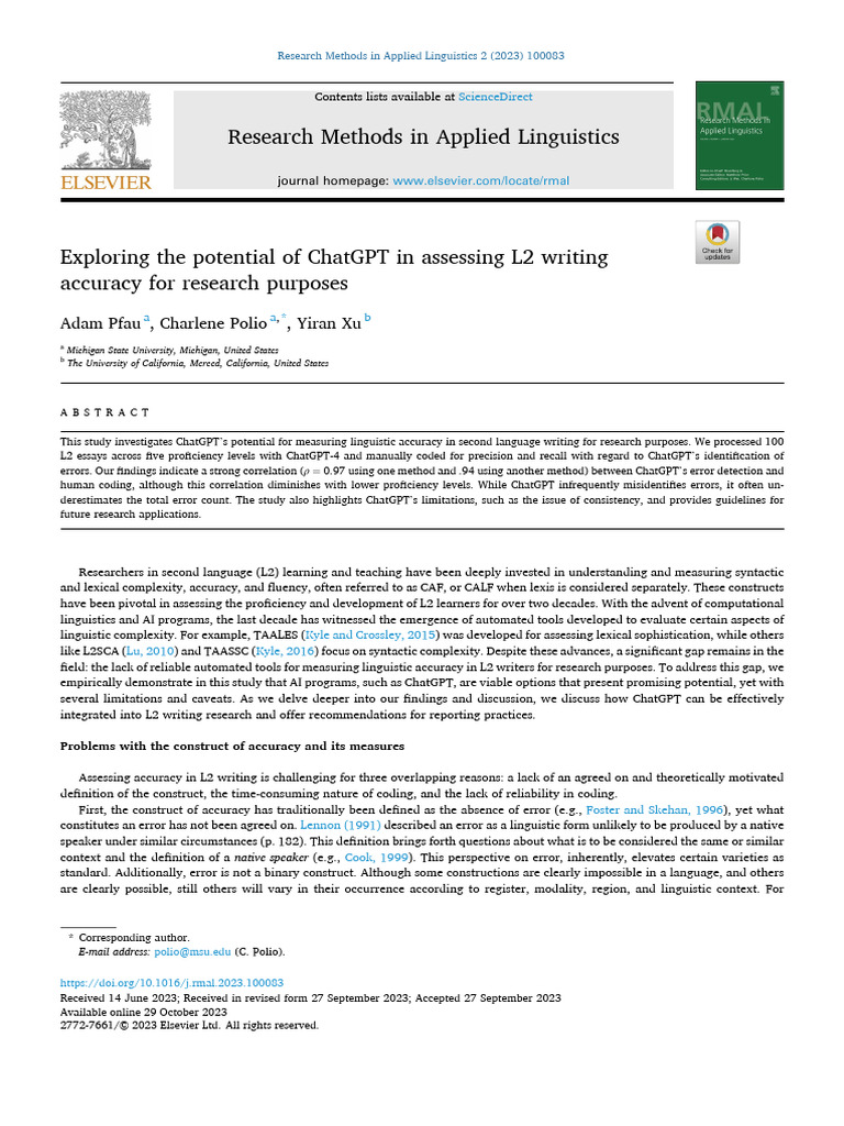 Exploring the Potential of ChatGPT in Assessing L2 Writing | PDF ...