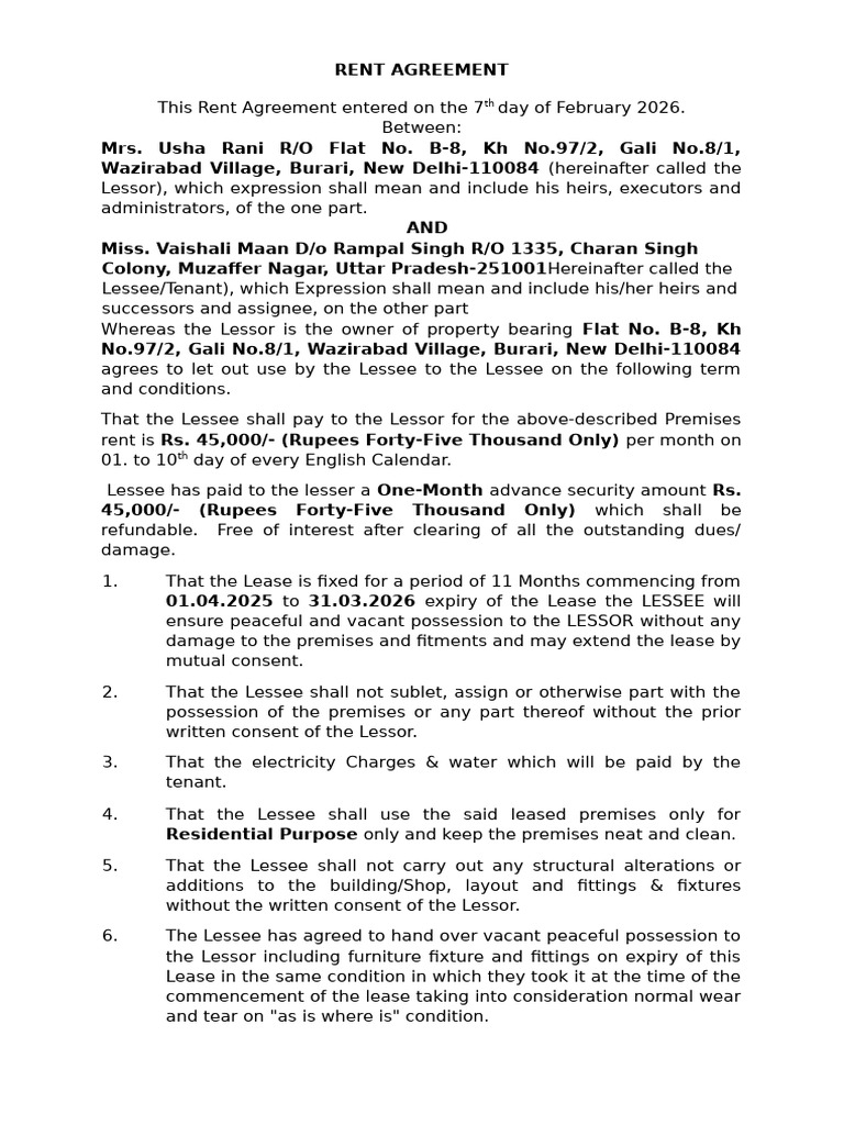Daily Rent Agremnt 2 | PDF | Lease | Law And Economics