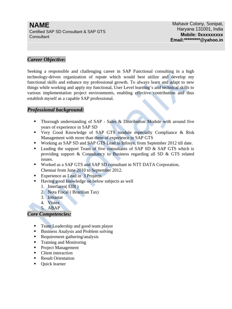 SAP GTS Sample Resume 1 | PDF | Computing | Business