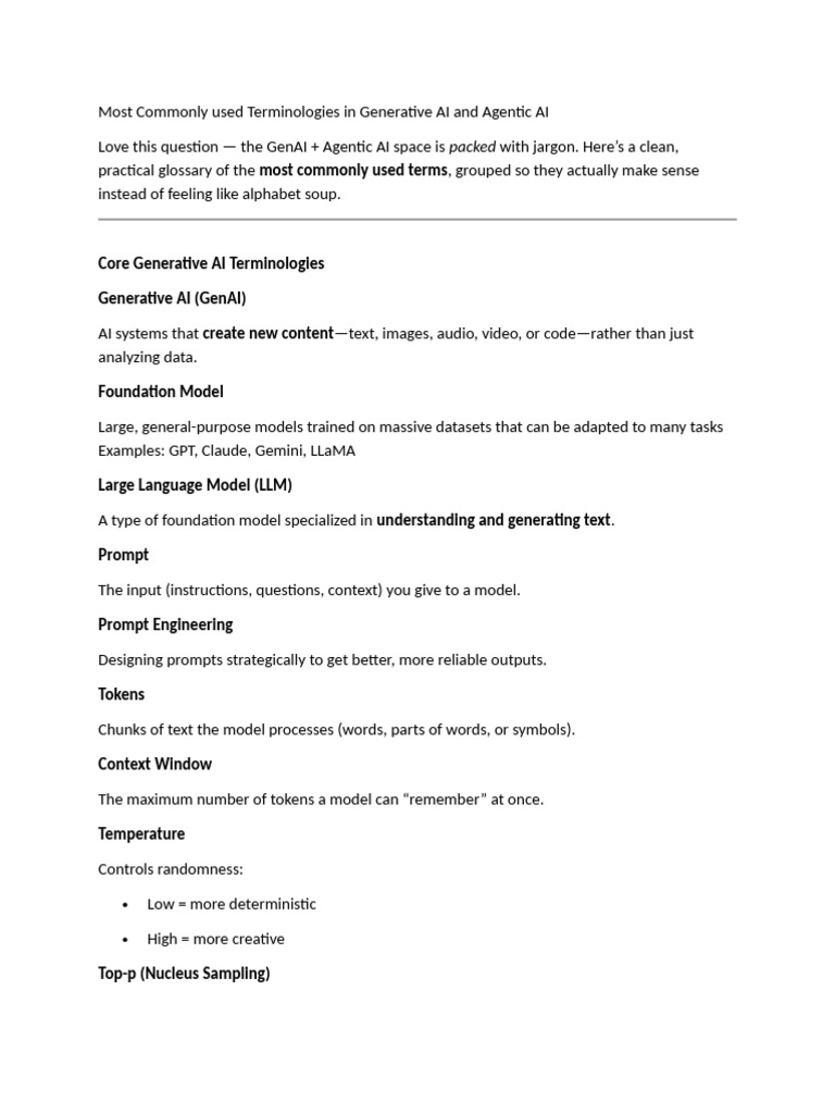 Most Commonly Used Terminologies in Generative AI and Agentic AI With ...