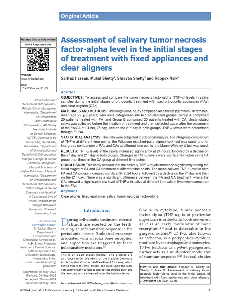 Assessment of Salivary Tumor Necrosis Factor Alpha.15 | PDF ...