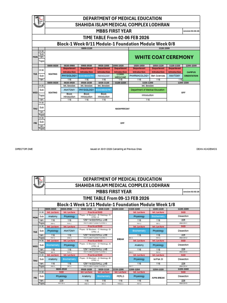 Integrated Timetable 1st Year MBBS Pre Ramadan 2026 | PDF | Health ...