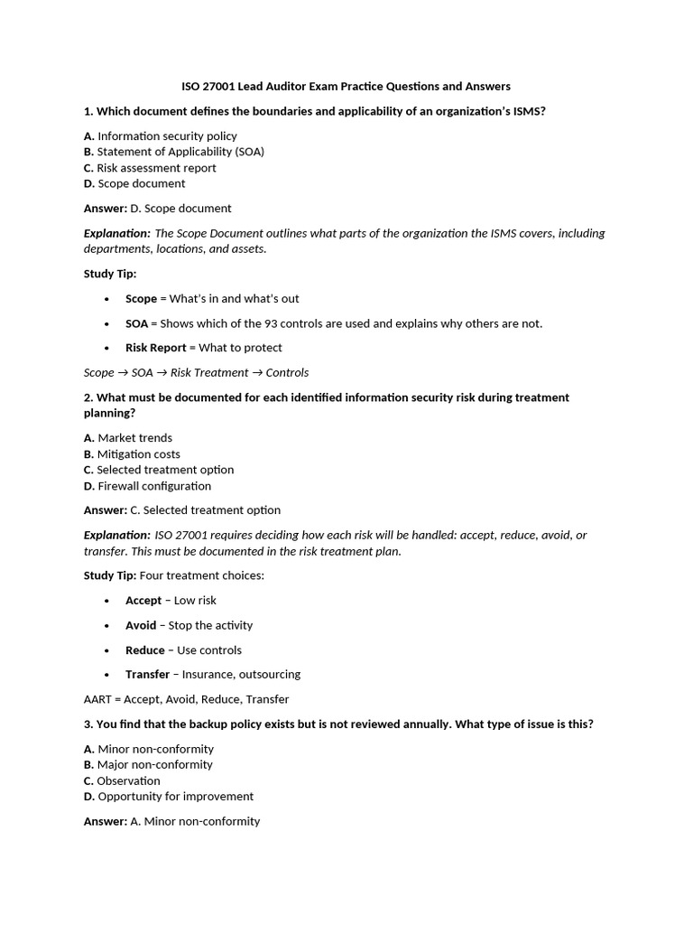 ISO 27001 Lead Auditor Exam Practice Questions and Answers | PDF ...