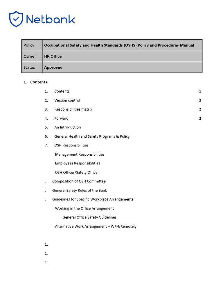 OSHS General Policy and Manual -Netbank | PDF | Occupational Safety And ...