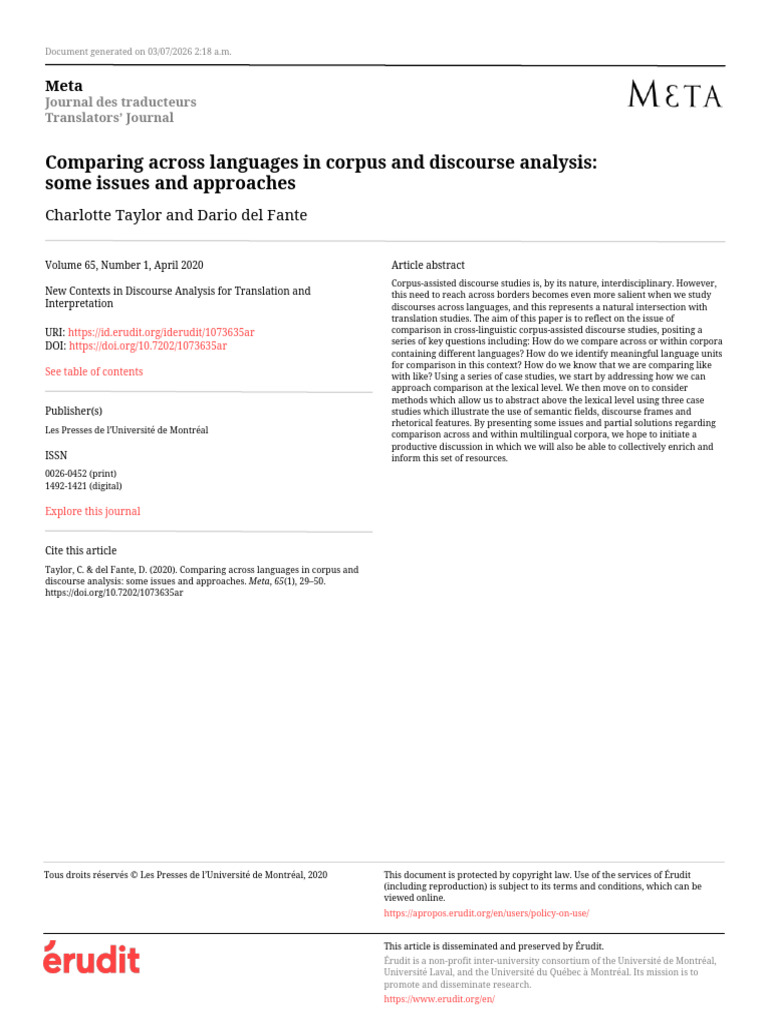 Comparing Across Languages in Corpus and Discourse Analysis: Some ...
