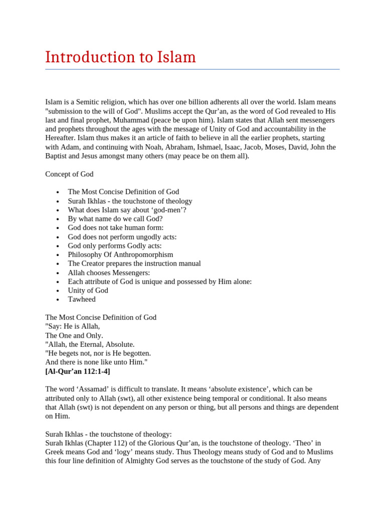 Introduction To Islam | PDF | Tawhid | Prophets And Messengers In Islam