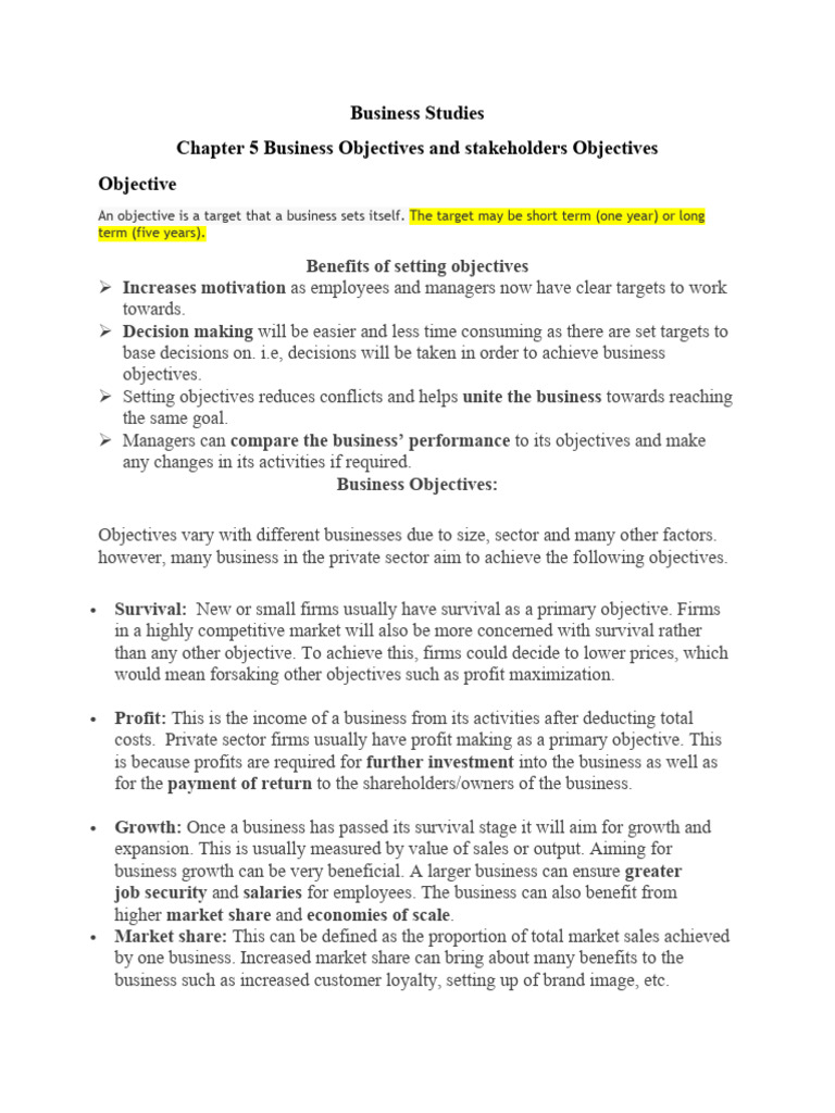 Business Studies Chapter 5 Business Objectives and Stakeholders ...
