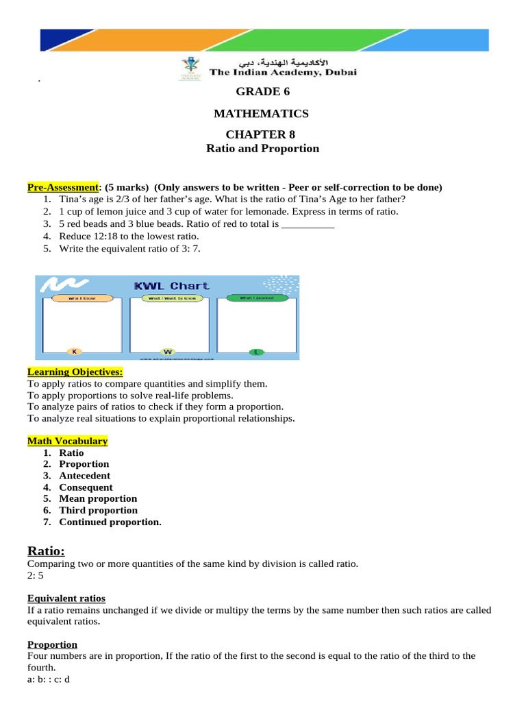 Ratio and Proportion-Notes - Grade 6 | PDF | Ratio | Mathematics