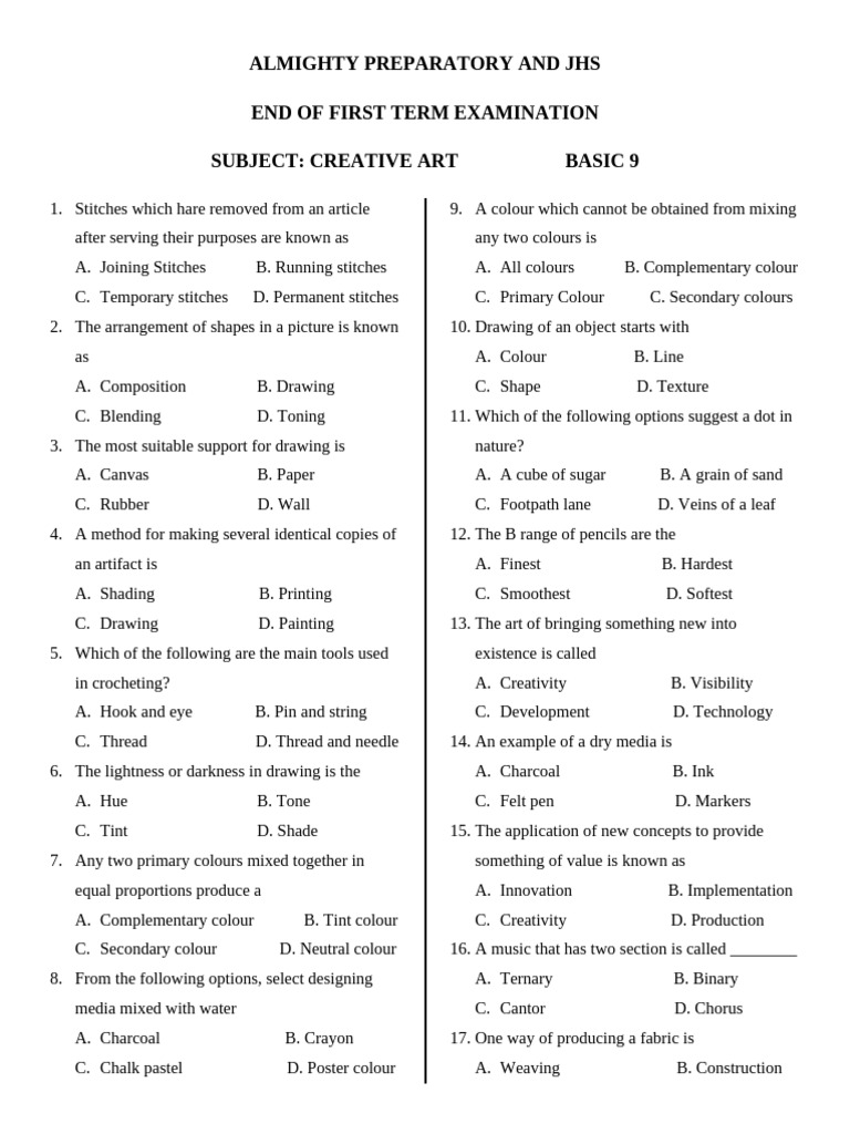 Creative Arts Questions | PDF | Drawing | Artistic Techniques