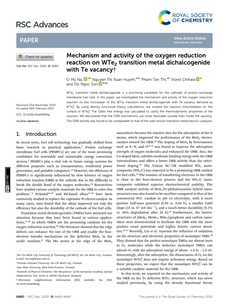 Mechanism and Activity of The Oxygen Reduction Reaction On WTe2 ...