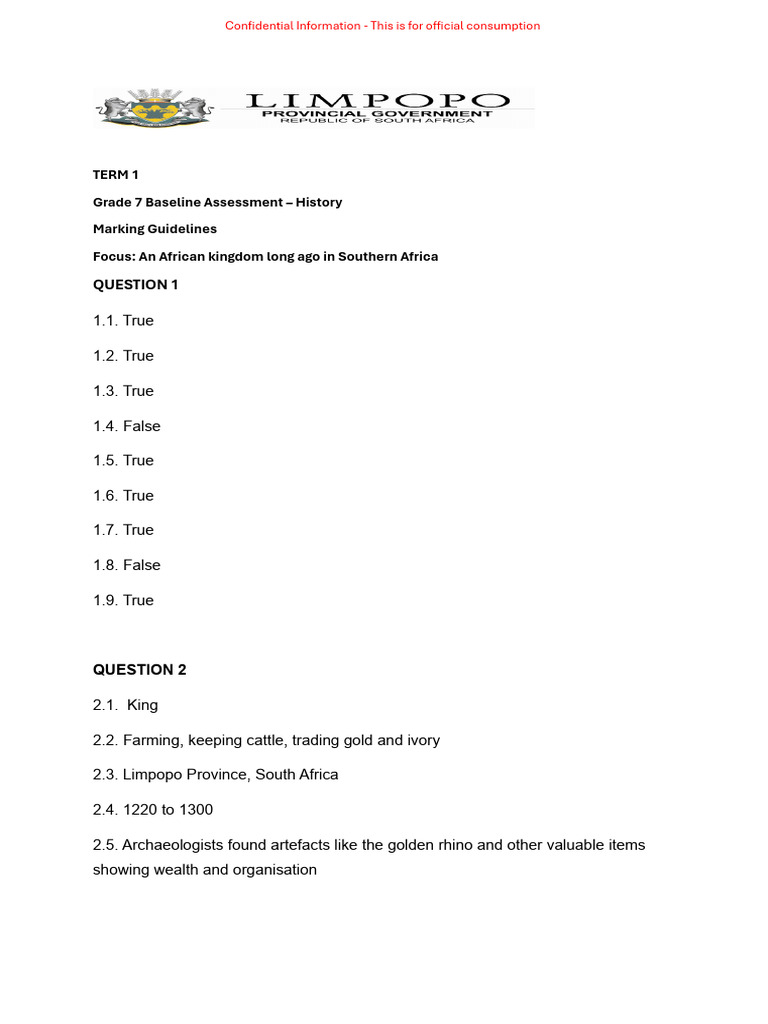 Grade 7 History Baseline Assessment Marking Guideline Term 1 | PDF