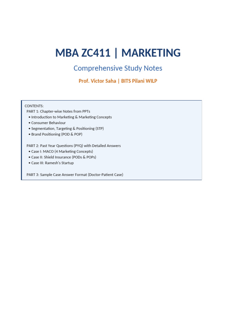 MBA ZC411 Marketing Notes | PDF | Marketing | Consumer Behaviour