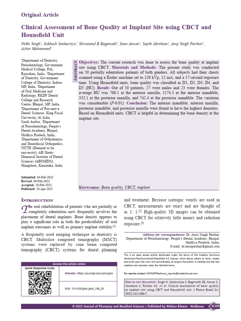 Clinical Assessment of Bone Quality at Implant.135 | PDF