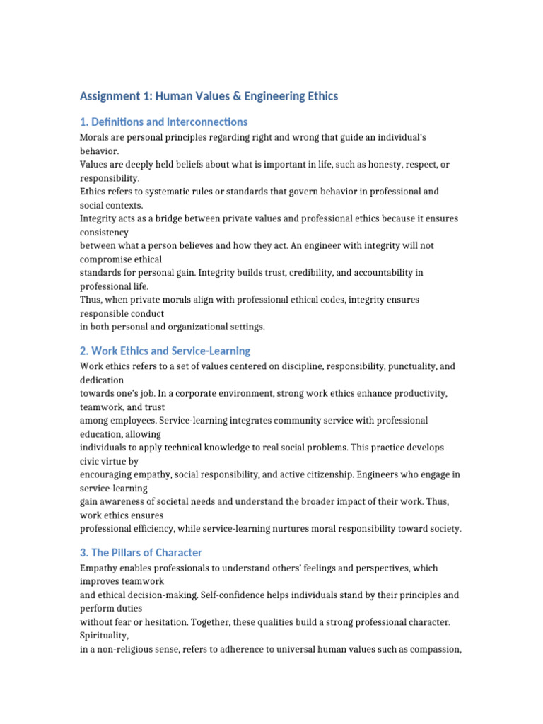 Assignment 1 Human Values and Engineering Ethics | PDF | Integrity